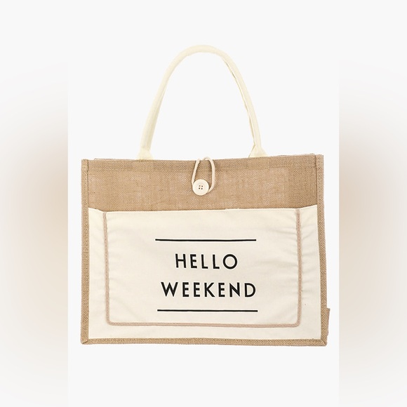 Mandalay an Company Handbags - Hello Weekend Burlap Tote Bag
( White & Tan)
